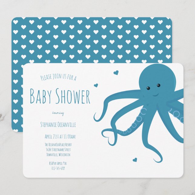 Invitación Cuto Octopus Azul Corazón Azul Baby Shower horizon (Anverso / Reverso)