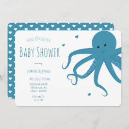 Invitación Cuto Octopus Azul Corazón Azul Baby Shower horizon