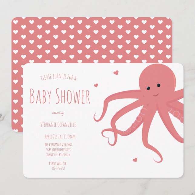 Invitación Cuto Octopus Heart Pink Horizontal Baby Shower (Anverso / Reverso)