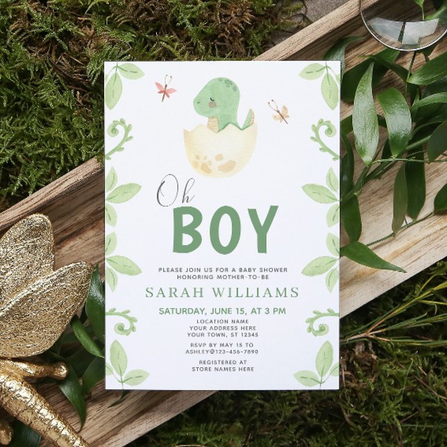 Invitación Cuto Oh Boy Dinosaur Green Watercolor Baby Shower (Get ready for a Jurassic celebration with our adorable dinosaur baby shower invitations! 🦕)