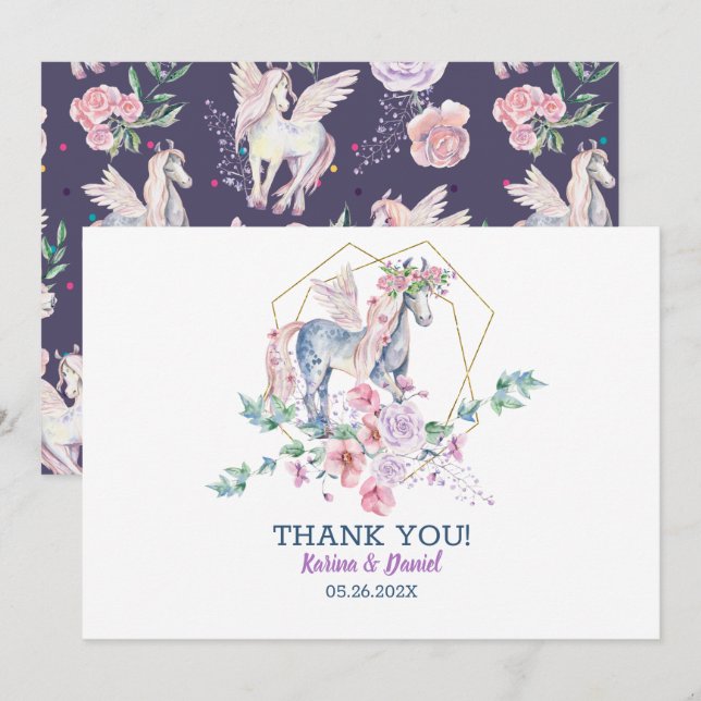 Invitación Cuto pony mágico y rosas rosadas flor (Anverso / Reverso)