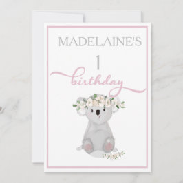 Invitación Cuto primer cumpleaños Koala Floral Rosa