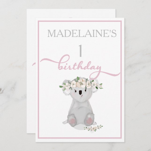 Invitación Cuto primer cumpleaños Koala Floral Rosa (Anverso / Reverso)