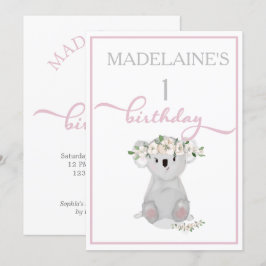 Invitación Cuto primer cumpleaños Koala Floral Rosa