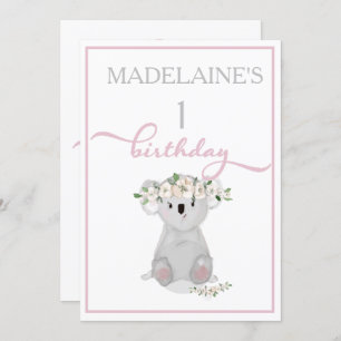 Invitación Cuto primer cumpleaños Koala Floral Rosa