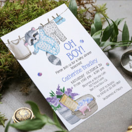 Invitación Cuto Raccoon Wash Day Boy Watercolor Baby Shower