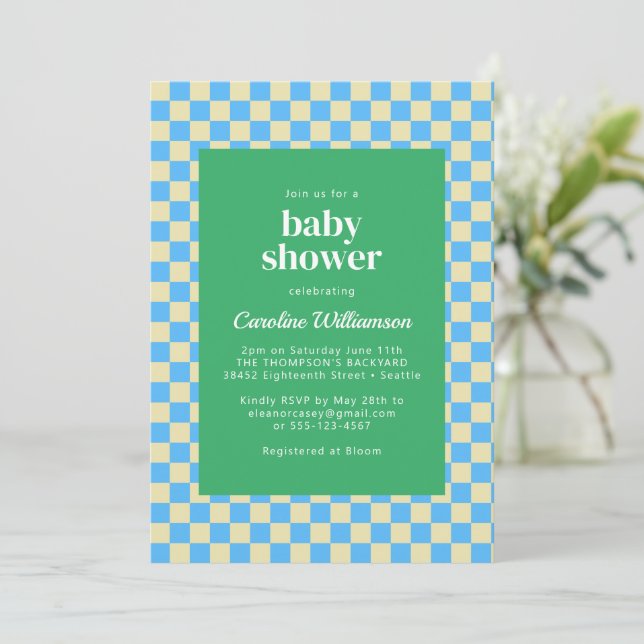 Invitación Cuto retro Checkerboard Blue Green Baby Shower (Anverso de pie)