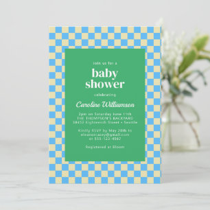 Invitación Cuto retro Checkerboard Blue Green Baby Shower