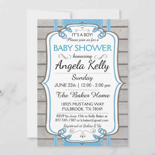Invitación Cuto Rústico Baby Shower Sip Diaper Wipes Azul (Anverso)