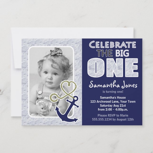 Invitación Cuto tema náutico primera fiesta de cumpleaños azu (Anverso)