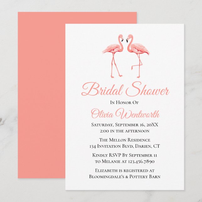 Invitación Cuto tropical rosa Flamingo Bridal Shower (Anverso / Reverso)