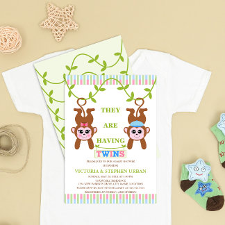 Invitación Cuto Twin Boy y Chica Mono Baby Shower