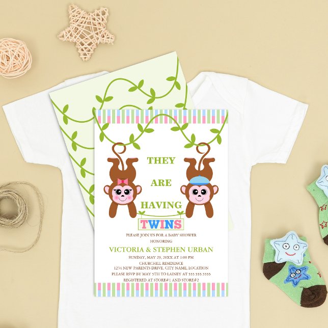 Invitación Cuto Twin Boy y Chica Mono Baby Shower (Cute twin boy and girl monkey baby shower invitation front and back view.)