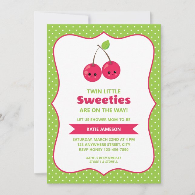 Invitación Cuto Twin Little Sweeties Cherries Baby Shower (Anverso)