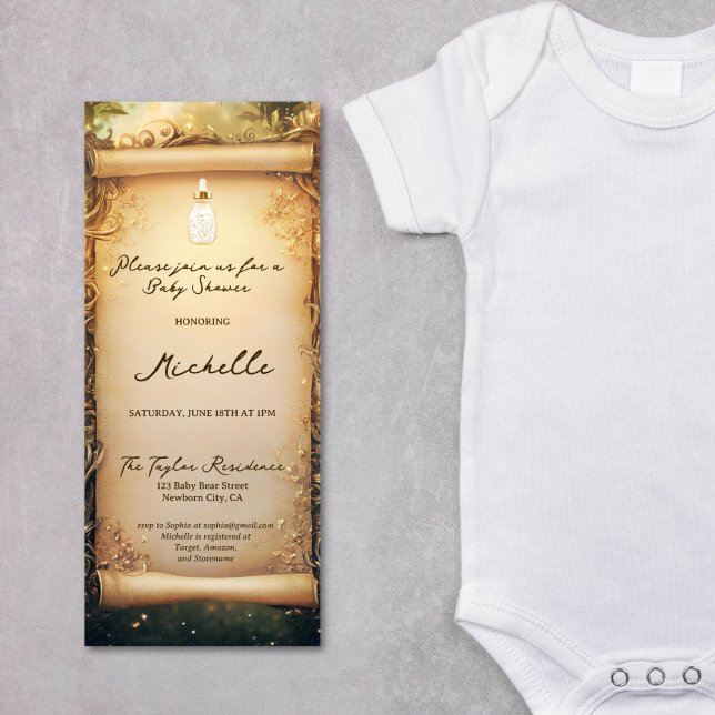 Invitación Cuto Whimsical Enchanted Forest Scroll Baby Shower (enchanted forest with baby bottle, gold and green baby shower scroll invitation)
