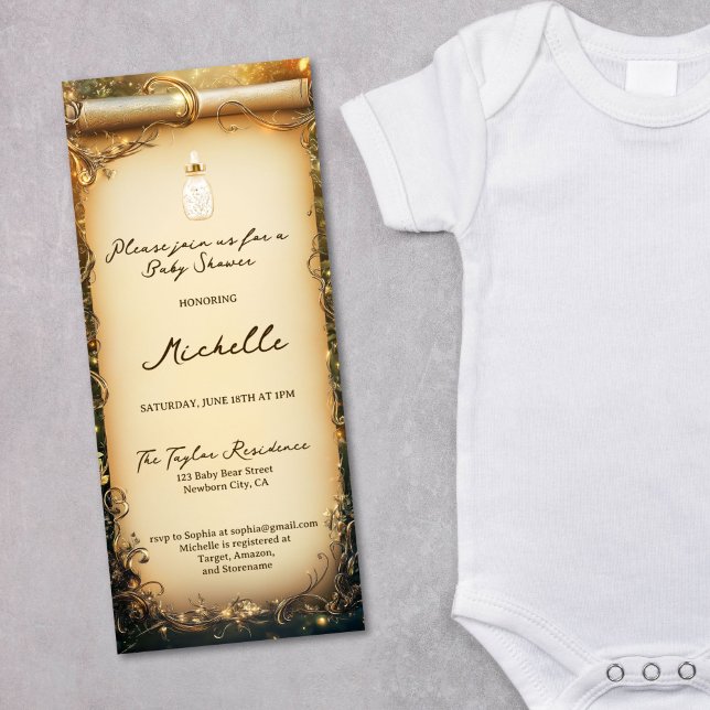 Invitación Cuto Whimsical Enchanted Forest Scroll Baby Shower (enchanted forest with baby bottle, gold and green baby shower scroll invitation)