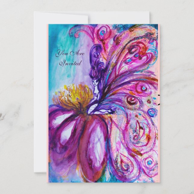 INVITACIÓN CUTRE Y CAPRICHOSA HADA DE FLORES ROSA, DESTELLOS  (Anverso)