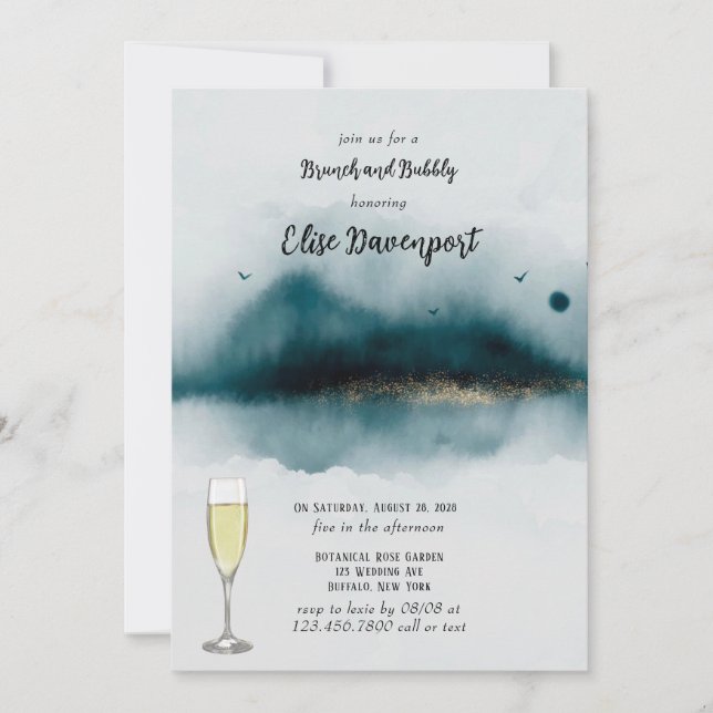 Invitación Cyan Beach and Gold Fleces Brunch and Bubbly (Anverso)
