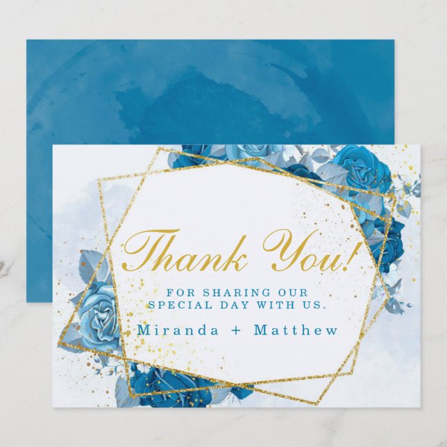 Invitación Cyan Blue Floraks Y Gold Boda Gracias Cartas (Anverso / Reverso)