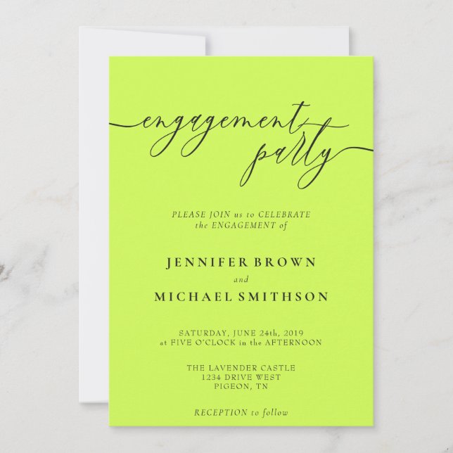 Invitación Cyber Lime Jet Black Elegant Engagement Party (Anverso)