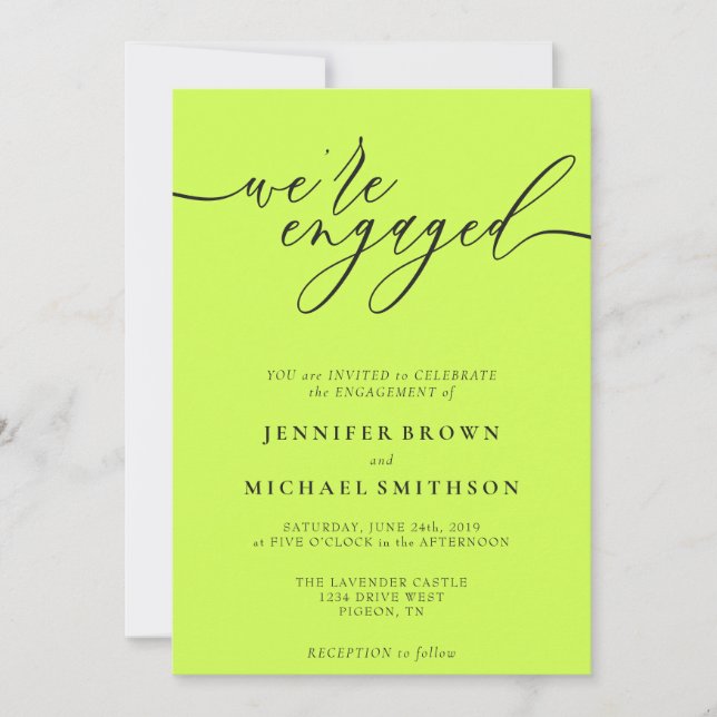 Invitación Cyber Lime & Jet Black Minimal We are Engaged (Anverso)