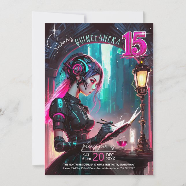 Invitación Cyberpunk Quinceanera Hot Pink/Verde azulada ID102 (Anverso)