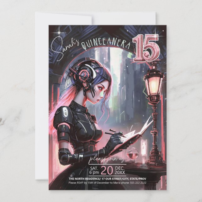 Invitación Cyberpunk Quinceanera Rosa Gold/Grey ID1027 (Anverso)