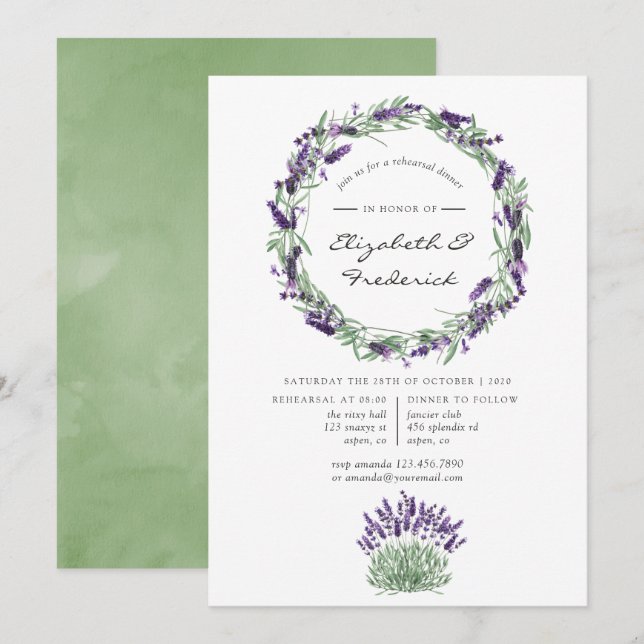Invitación D cena de ensayo de boda con aquarela lavanda (Anverso / Reverso)