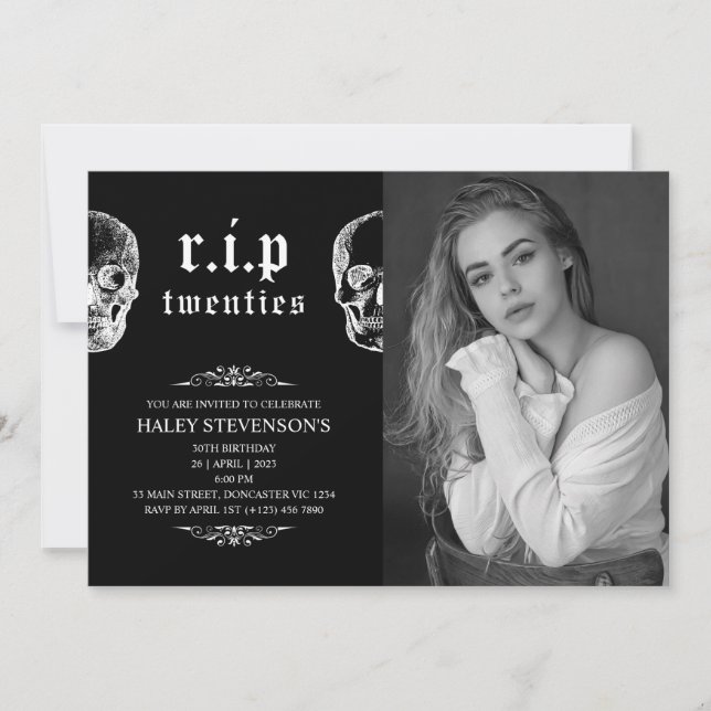 Invitación D.E.P. 20s Funeral de los Veinte Cráneo Cumpleaños (Anverso)