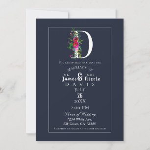 Invitación D Monograma Inicial Final Moderna Floral Azul Boda