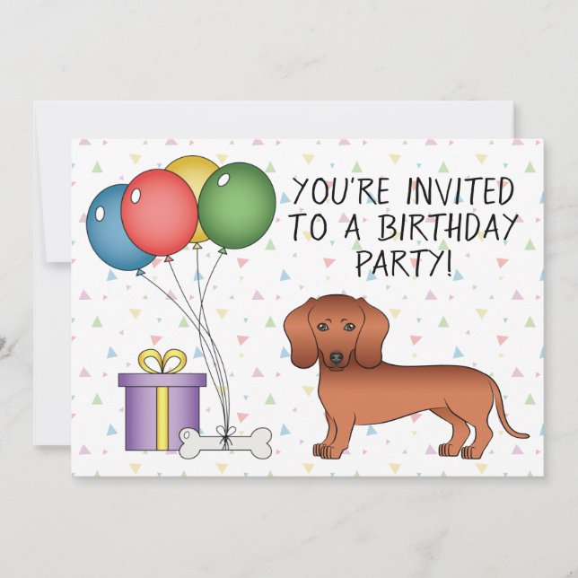 Invitación Dachshund de dibujos animados de capa lisa roja -  (Anverso)