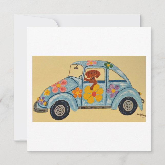 Invitación Dachshund en coche hippie (Anverso)