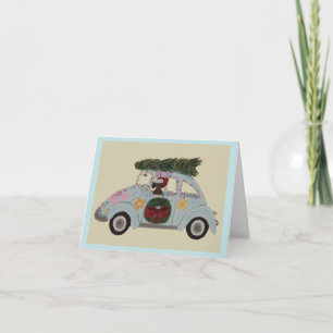 Invitación Dachshund negro y marrón en coche hippie en Navida