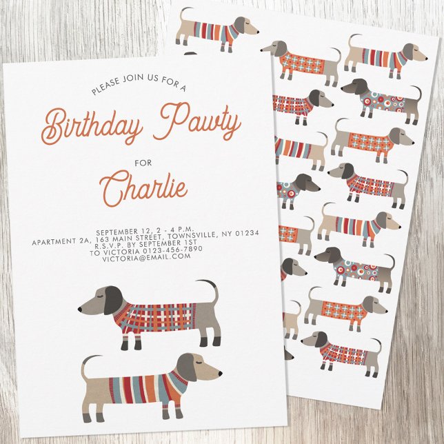 Invitación Dachshund Sausage Dog Birthday Pawty (Fun Dachshund Wiener Sausage Dog personalized custom text birthday party pawty invitation)