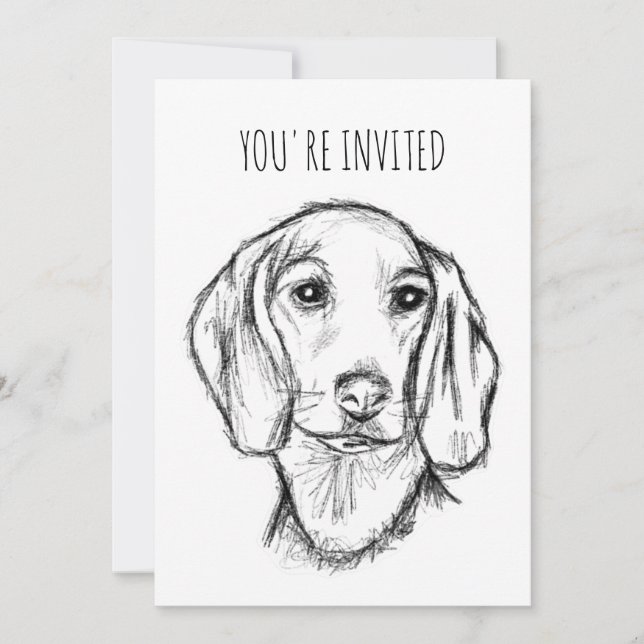 Invitación dachshund sketch a mano perro cachorro blanco negr (Anverso)