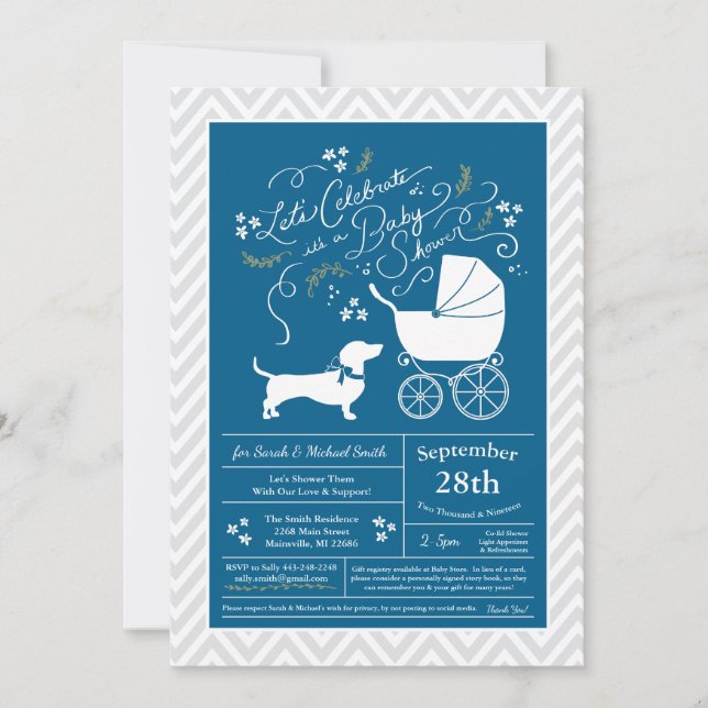Invitación Dachshund Wiener Dog Baby Shower Blue Boy (Anverso)
