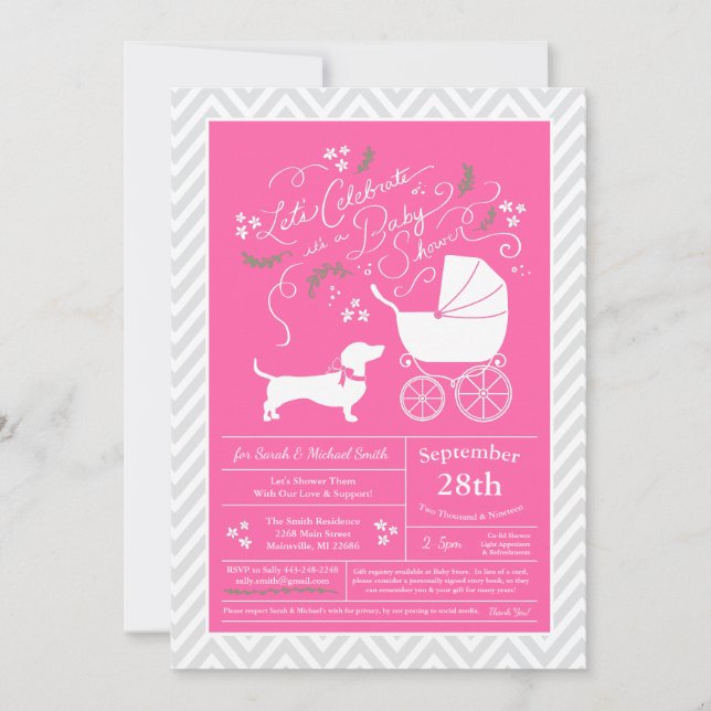 Invitación Dachshund Wiener Dog Chica rosa Baby Shower (Anverso)