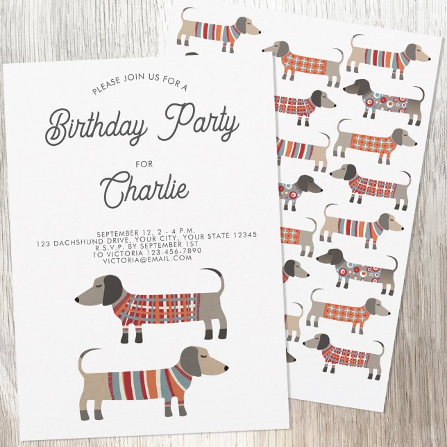 Invitación Dachshund Wiener Sausage Partido del Cumpleaños de (Fun Dachshund Wiener Sausage Dog personalized birthday party invitation with custom text)