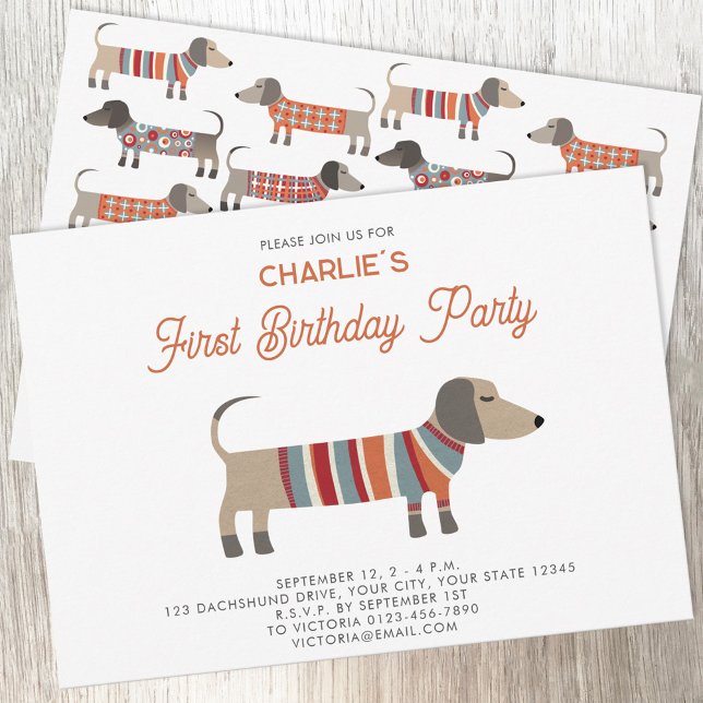 Invitación Dachshund Wiener Sausage Partido del Primer Cumple (Fun Dachshund Wiener Sausage Dog personalized first birthday party invitation)