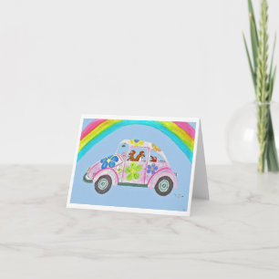 Invitación Dachshunds en un auto hippie bajo un arcoíris