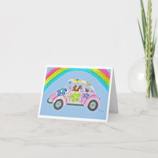 Invitación Dachshunds en un auto hippie bajo un arcoíris (Anverso)