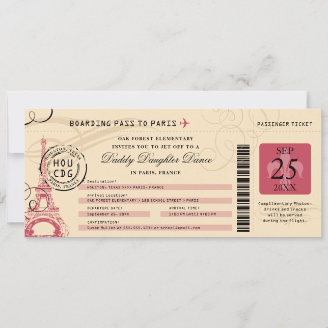Invitación Daddy Daughter Dance Paris France Boarding Pass (Anverso)