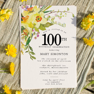 Invitación Daffodil Amarillo Rústico Boho 100 cumpleaños