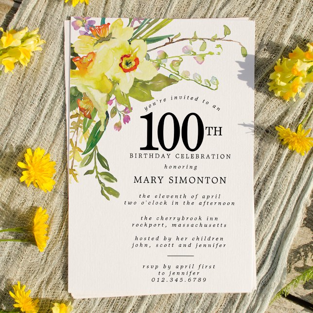 Invitación Daffodil Amarillo Rústico Boho 100 cumpleaños (Subido por el creador)