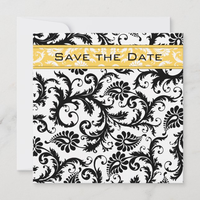 Invitación Daffodil Amarillo y Negro Damask Save the Date (Anverso)
