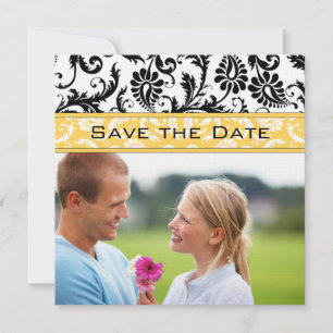 Invitación Daffodil Amarillo y Negro Damask Save the Date