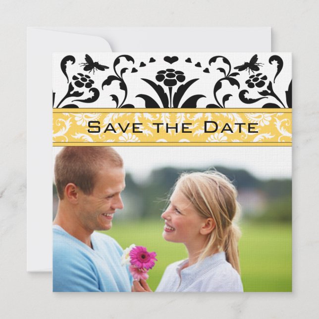 Invitación Daffodil Black Bubble Bee Damask Save the Date (Anverso)