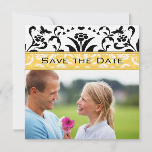 Invitación Daffodil Black Bubble Bee Damask Save the Date