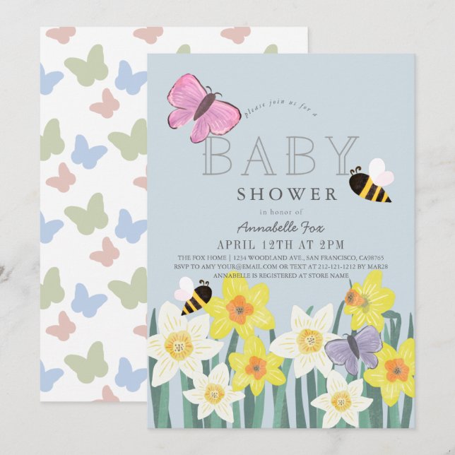 Invitación Daffodil Butterfly Bee Floral Baby Shower (Anverso / Reverso)