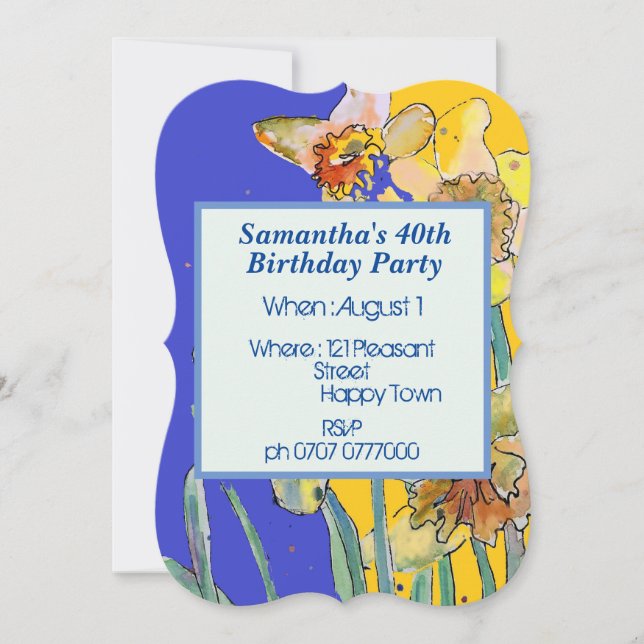 Invitación Daffodil Floral 40 cumpleaños Marina Amarilla Azul (Anverso)
